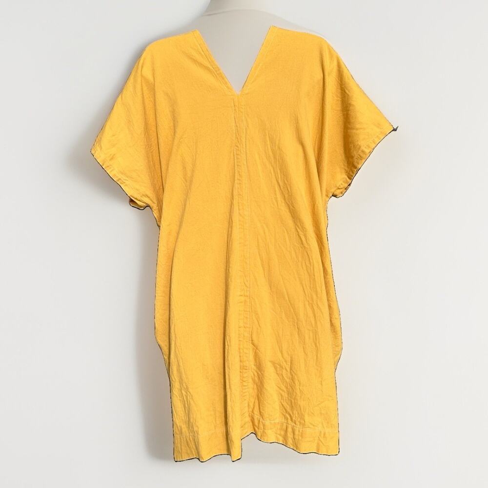 UZI NYC Oversized V-Neck Dress Women's One Size Yellow Lagenlook Pockets Cotton